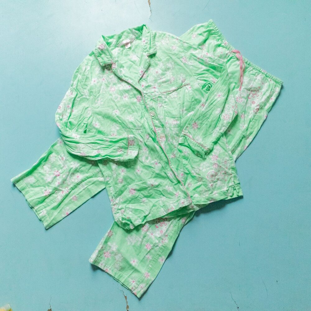 Victoria's Secret Green Pink Snowflake Flannel Thick Pajama Set Size Small Y2K